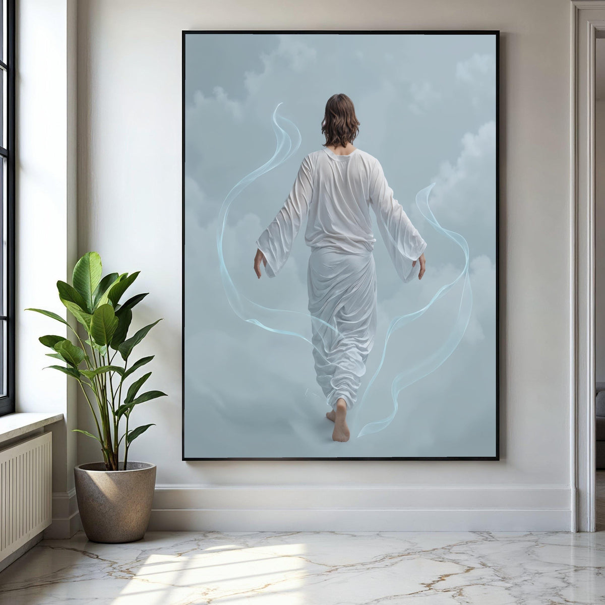 Ethereal Walking Figure Canvas, Serene Back View Art, Spiritual Wall Decoration, Mystical Cloudscape Canvas, Gift Art, Home Decor, Print