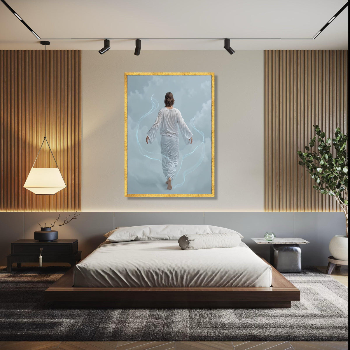 Ethereal Walking Figure Canvas, Serene Back View Art, Spiritual Wall Decoration, Mystical Cloudscape Canvas, Gift Art, Home Decor, Print