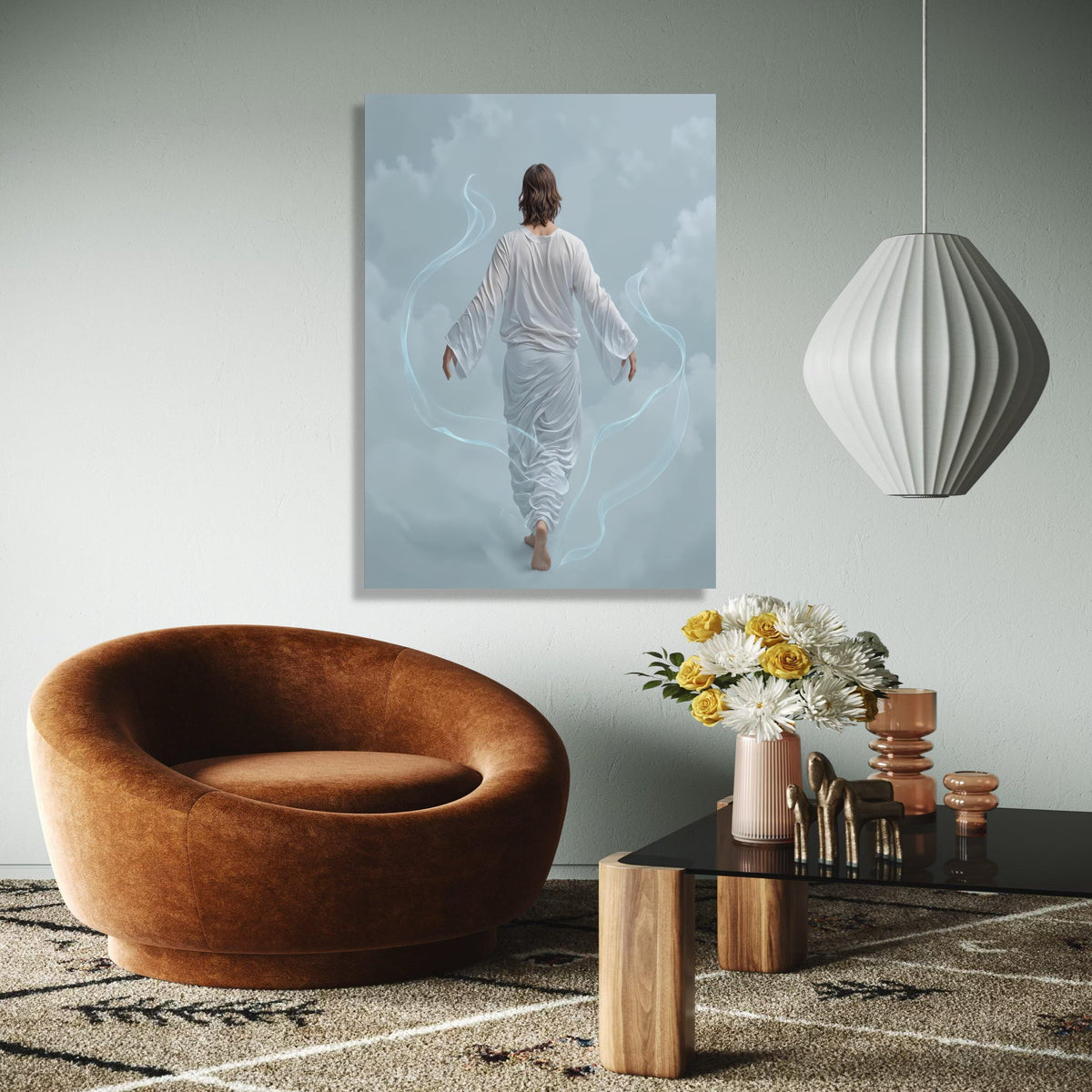 Ethereal Walking Figure Canvas, Serene Back View Art, Spiritual Wall Decoration, Mystical Cloudscape Canvas, Gift Art, Home Decor, Print