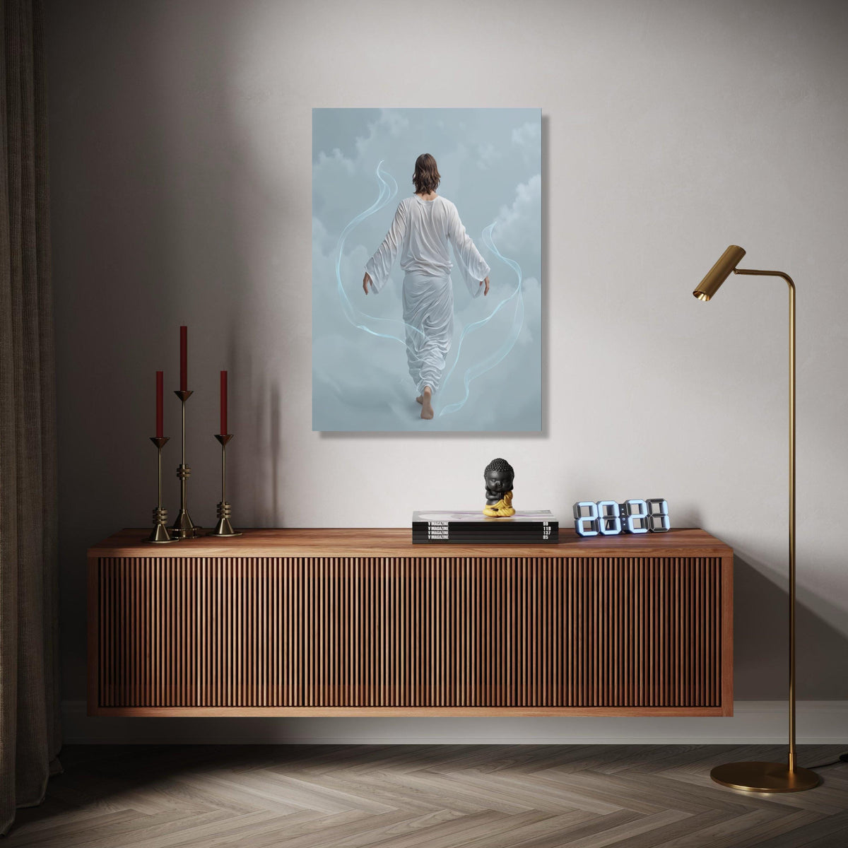 Ethereal Walking Figure Canvas, Serene Back View Art, Spiritual Wall Decoration, Mystical Cloudscape Canvas, Gift Art, Home Decor, Print