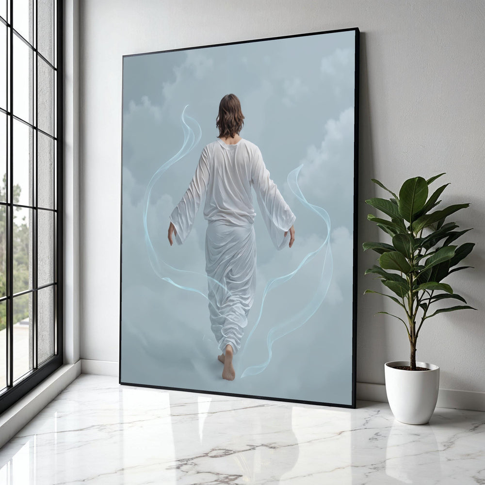 Ethereal Walking Figure Canvas, Serene Back View Art, Spiritual Wall Decoration, Mystical Cloudscape Canvas, Gift Art, Home Decor, Print