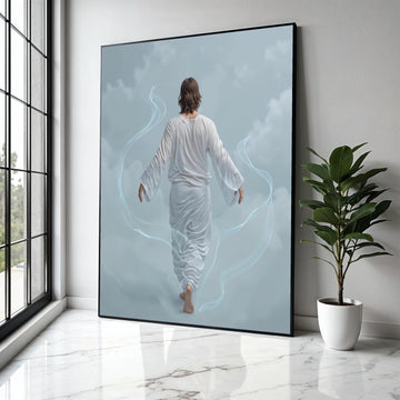 Ethereal Walking Figure Canvas, Serene Back View Art, Spiritual Wall Decoration, Mystical Cloudscape Canvas, Gift Art, Home Decor, Print
