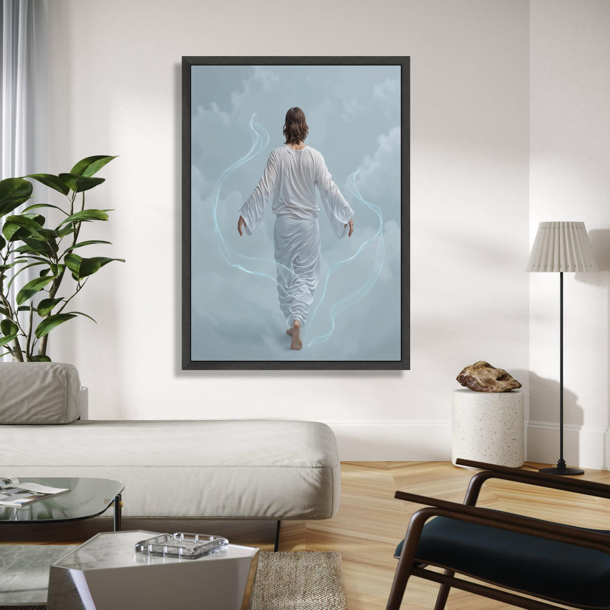Ethereal Walking Figure Canvas, Serene Back View Art, Spiritual Wall Decoration, Mystical Cloudscape Canvas, Gift Art, Home Decor, Print