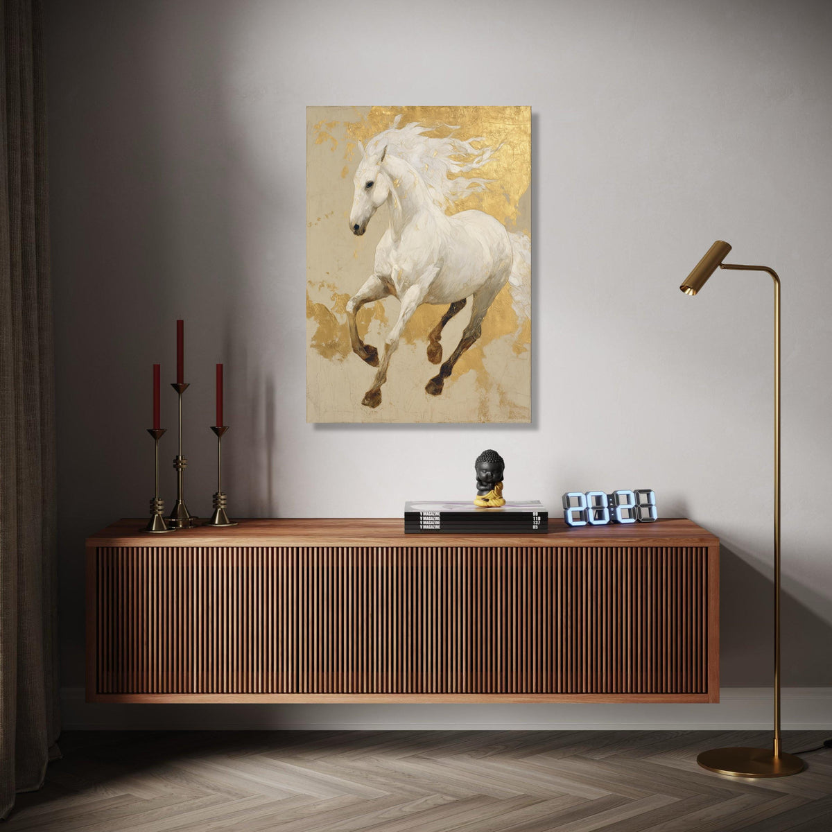 Majestic White Horse Canvas Wall Art, Gold Leaf Accent Horse Painting, Elegant Equestrian Decor, Luxury Animal Gift Art, Home Decor, Print