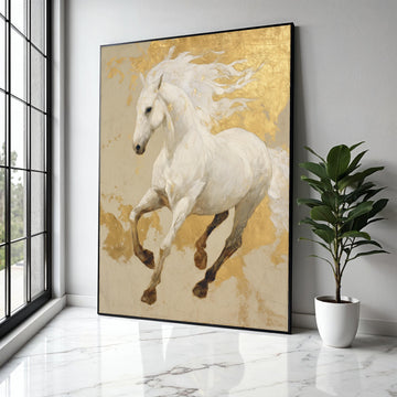 Majestic White Horse Canvas Wall Art, Gold Leaf Accent Horse Painting, Elegant Equestrian Decor, Luxury Animal Gift Art, Home Decor, Print
