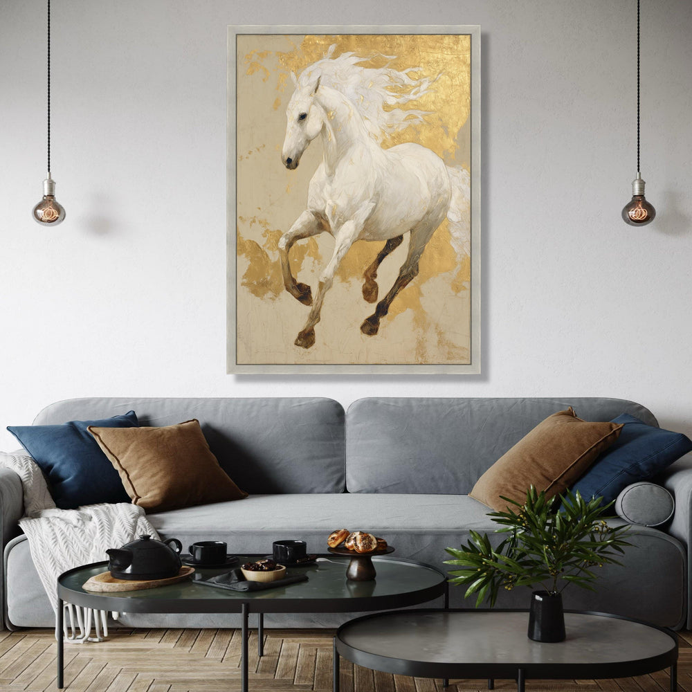 Majestic White Horse Canvas Wall Art, Gold Leaf Accent Horse Painting, Elegant Equestrian Decor, Luxury Animal Gift Art, Home Decor, Print