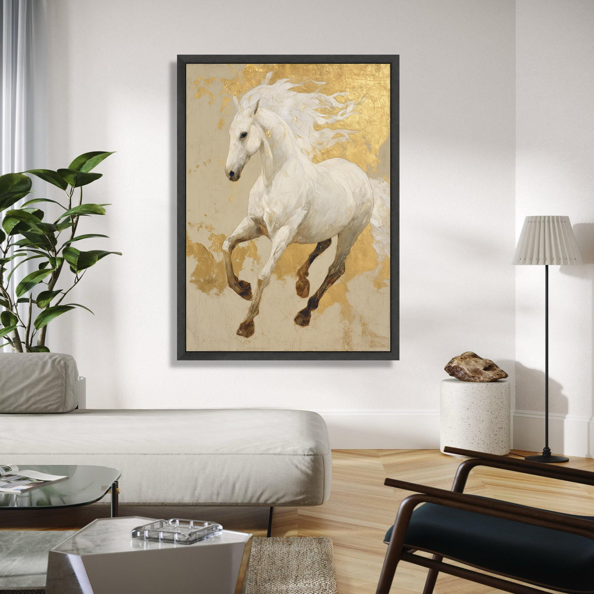 Majestic White Horse Canvas Wall Art, Gold Leaf Accent Horse Painting, Elegant Equestrian Decor, Luxury Animal Gift Art, Home Decor, Print