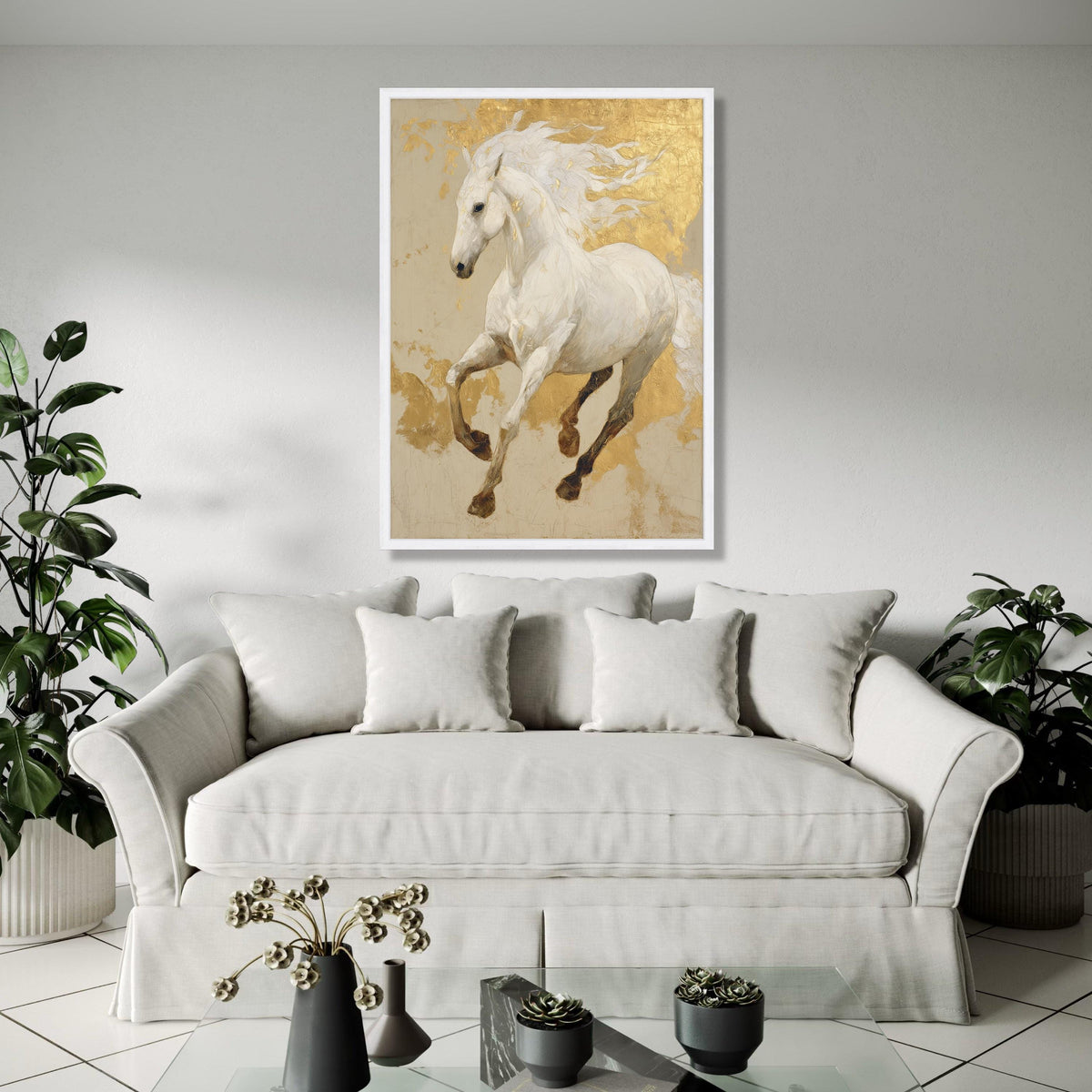 Majestic White Horse Canvas Wall Art, Gold Leaf Accent Horse Painting, Elegant Equestrian Decor, Luxury Animal Gift Art, Home Decor, Print