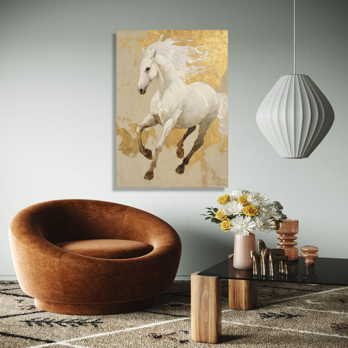 Majestic White Horse Canvas Wall Art, Gold Leaf Accent Horse Painting, Elegant Equestrian Decor, Luxury Animal Gift Art, Home Decor, Print