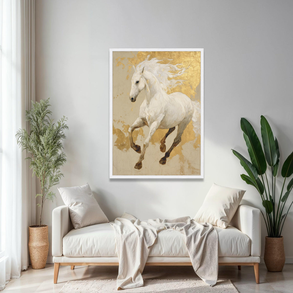 Majestic White Horse Canvas Wall Art, Gold Leaf Accent Horse Painting, Elegant Equestrian Decor, Luxury Animal Gift Art, Home Decor, Print