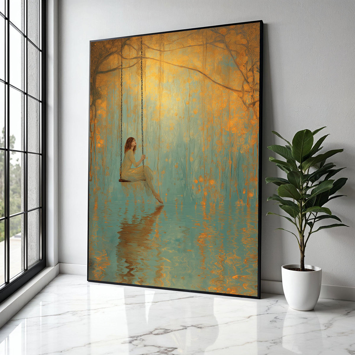 Dreamy Swing Scene, Serene Woman Canvas, Water Reflection Art, Golden Forest Wall Art, Mystical Nature Canvas Gift Art, Home Decor, Print