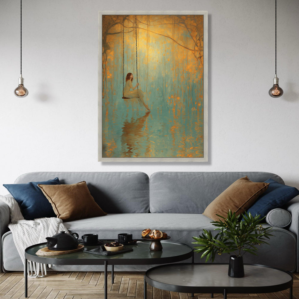 Dreamy Swing Scene, Serene Woman Canvas, Water Reflection Art, Golden Forest Wall Art, Mystical Nature Canvas Gift Art, Home Decor, Print