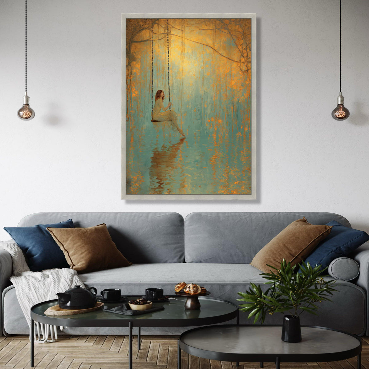 Dreamy Swing Scene, Serene Woman Canvas, Water Reflection Art, Golden Forest Wall Art, Mystical Nature Canvas Gift Art, Home Decor, Print