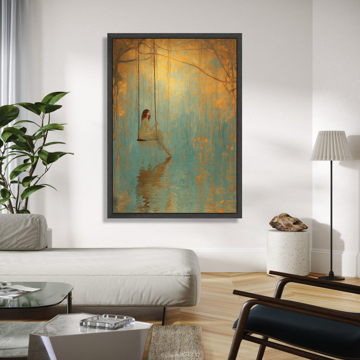 Dreamy Swing Scene, Serene Woman Canvas, Water Reflection Art, Golden Forest Wall Art, Mystical Nature Canvas Gift Art, Home Decor, Print