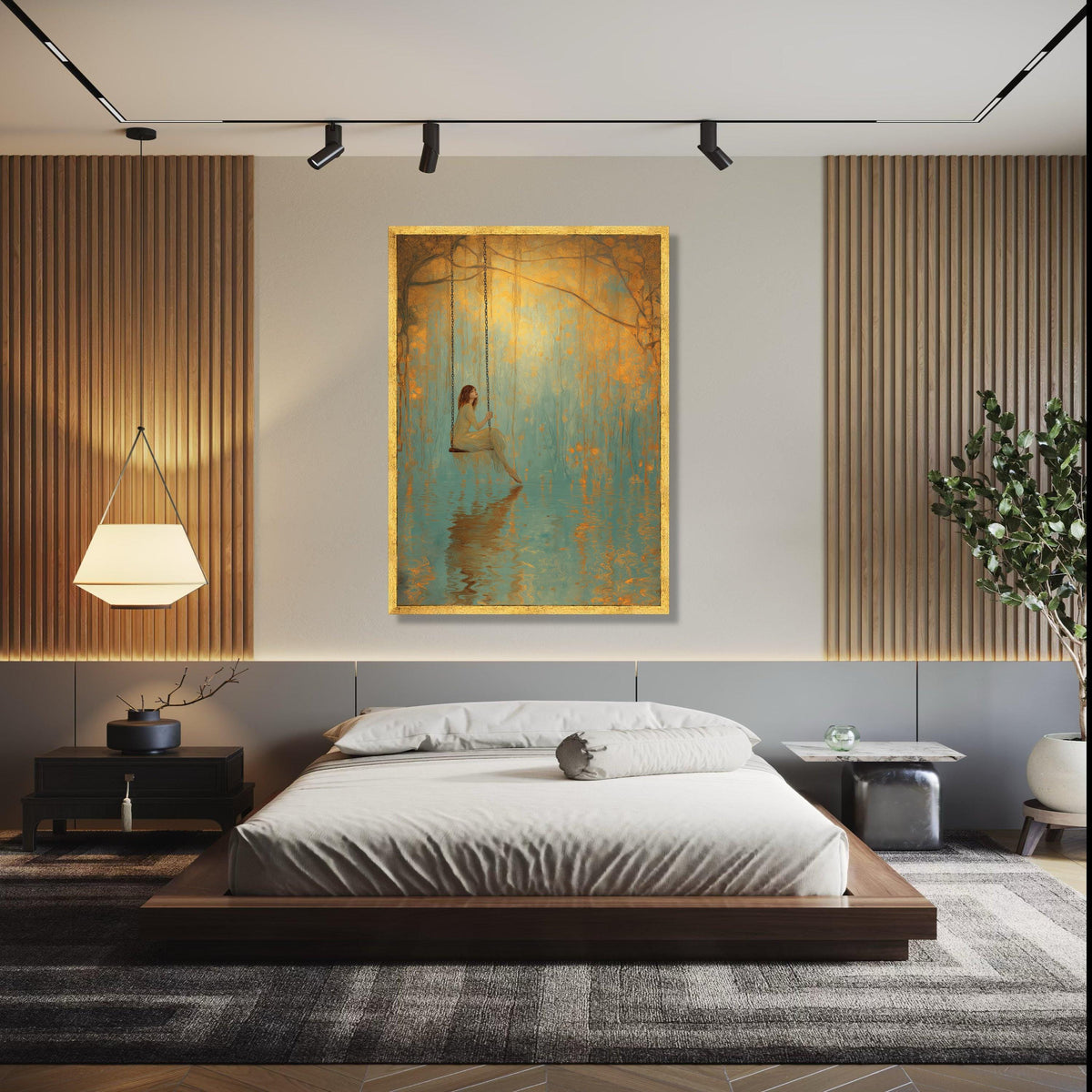 Dreamy Swing Scene, Serene Woman Canvas, Water Reflection Art, Golden Forest Wall Art, Mystical Nature Canvas Gift Art, Home Decor, Print