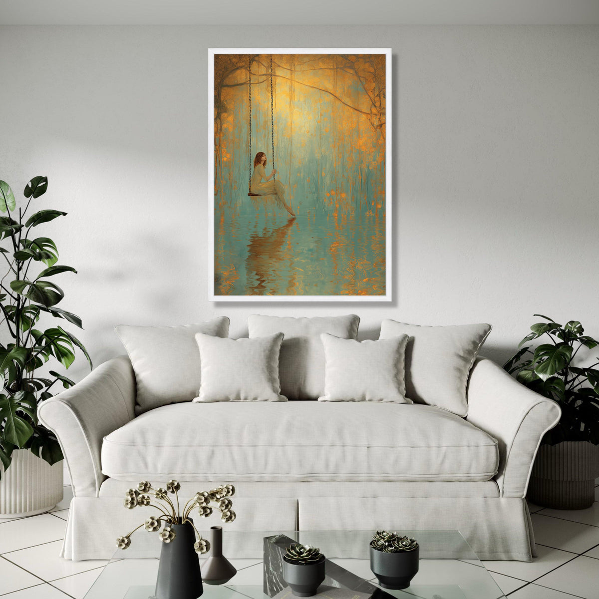 Dreamy Swing Scene, Serene Woman Canvas, Water Reflection Art, Golden Forest Wall Art, Mystical Nature Canvas Gift Art, Home Decor, Print