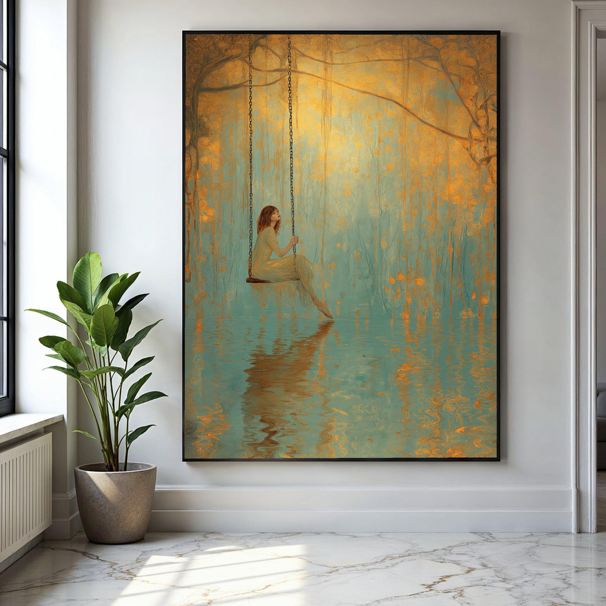Dreamy Swing Scene, Serene Woman Canvas, Water Reflection Art, Golden Forest Wall Art, Mystical Nature Canvas Gift Art, Home Decor, Print