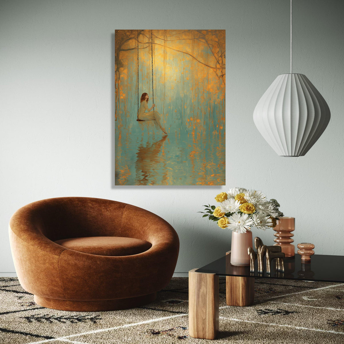 Dreamy Swing Scene, Serene Woman Canvas, Water Reflection Art, Golden Forest Wall Art, Mystical Nature Canvas Gift Art, Home Decor, Print