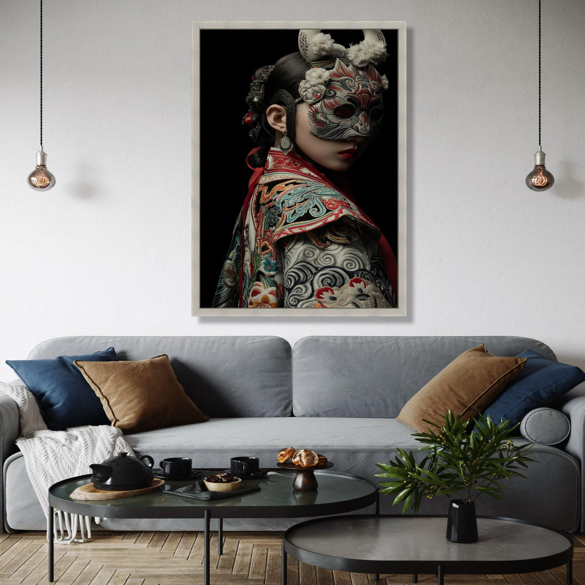 Intricate Traditional Mask Portrait, Asian Cultural Canvas Wall Art, Embroidered Costume Detail, Dramatic Dark Gift Art, Home Decor, Print