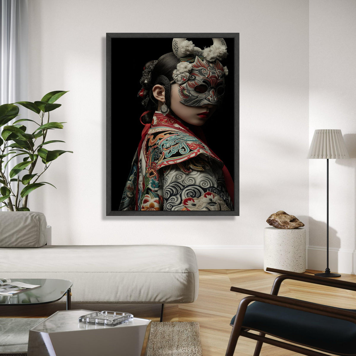 Intricate Traditional Mask Portrait, Asian Cultural Canvas Wall Art, Embroidered Costume Detail, Dramatic Dark Gift Art, Home Decor, Print