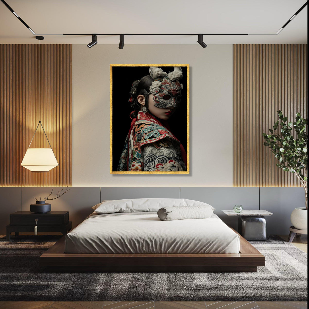 Intricate Traditional Mask Portrait, Asian Cultural Canvas Wall Art, Embroidered Costume Detail, Dramatic Dark Gift Art, Home Decor, Print