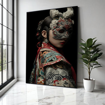 Intricate Traditional Mask Portrait, Asian Cultural Canvas Wall Art, Embroidered Costume Detail, Dramatic Dark Gift Art, Home Decor, Print