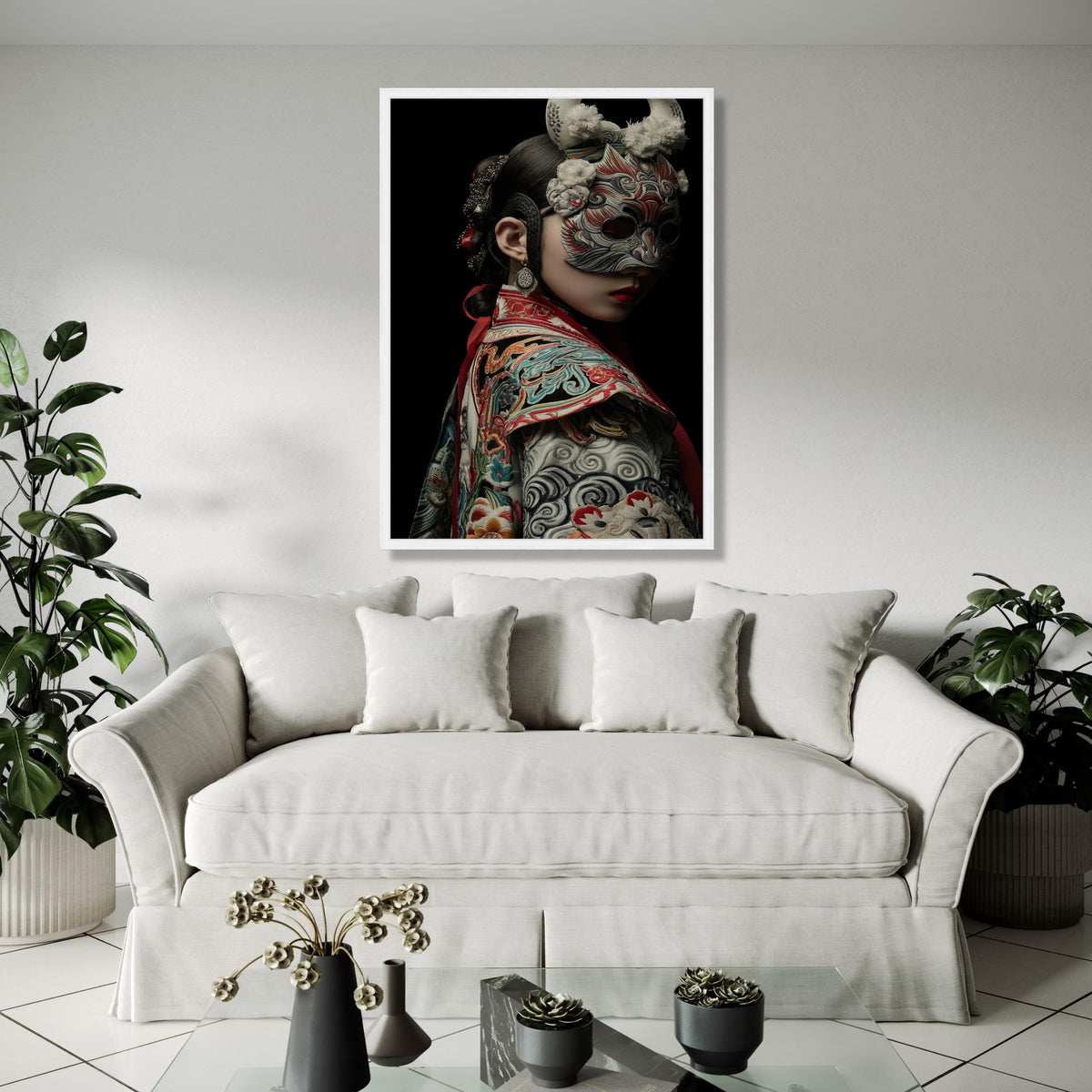 Intricate Traditional Mask Portrait, Asian Cultural Canvas Wall Art, Embroidered Costume Detail, Dramatic Dark Gift Art, Home Decor, Print