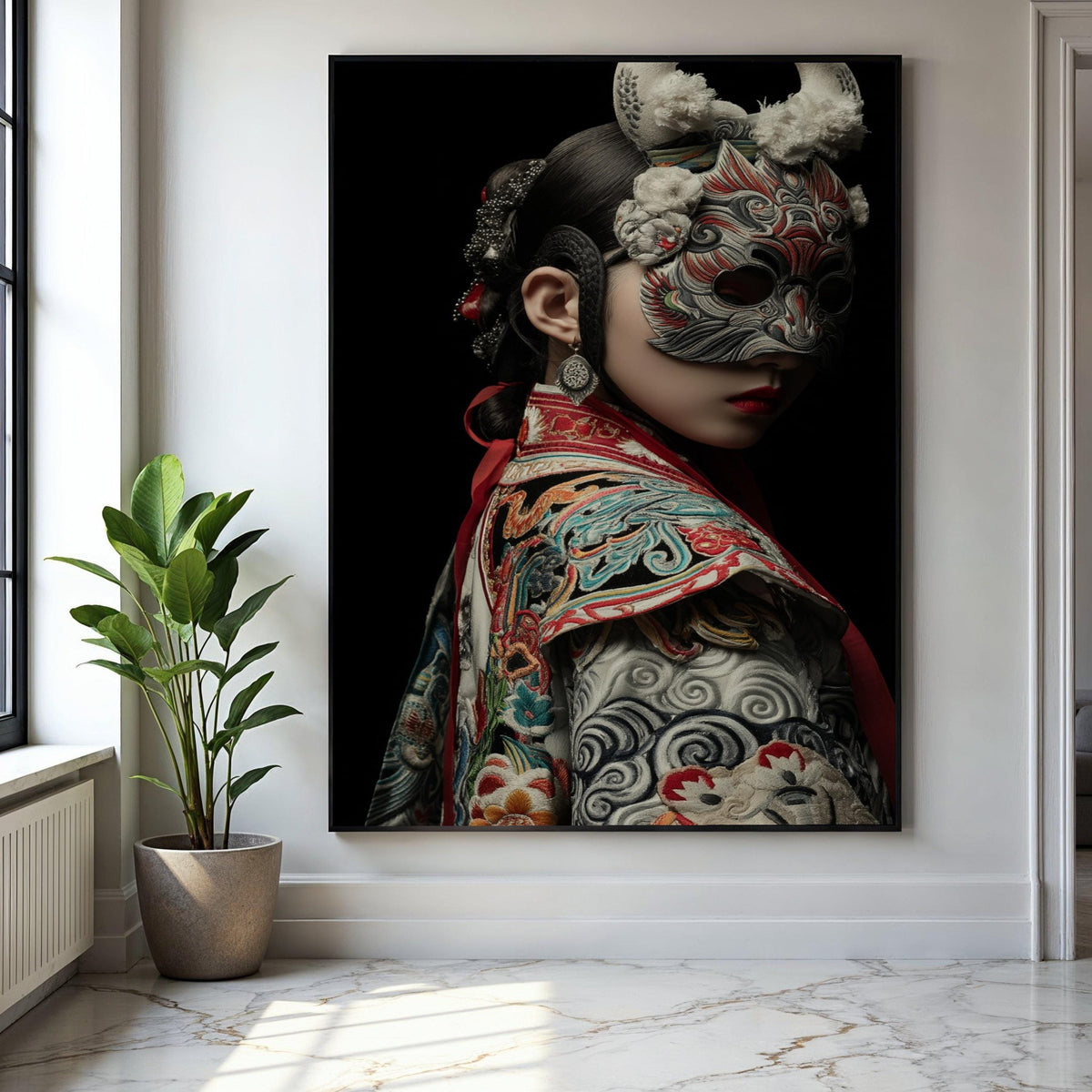 Intricate Traditional Mask Portrait, Asian Cultural Canvas Wall Art, Embroidered Costume Detail, Dramatic Dark Gift Art, Home Decor, Print