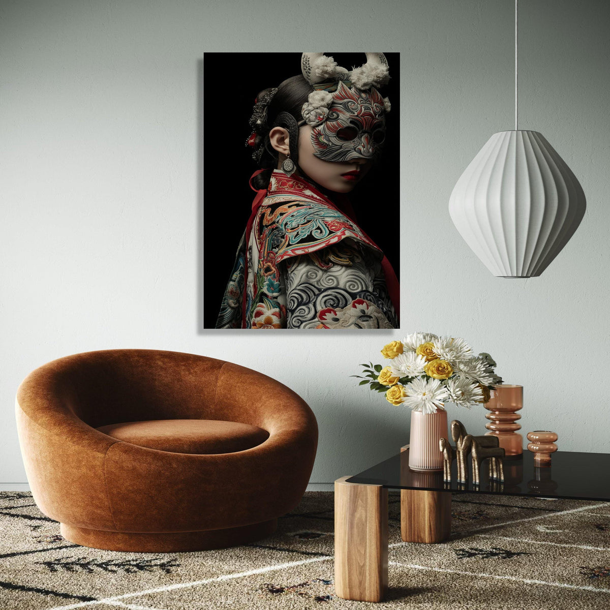 Intricate Traditional Mask Portrait, Asian Cultural Canvas Wall Art, Embroidered Costume Detail, Dramatic Dark Gift Art, Home Decor, Print