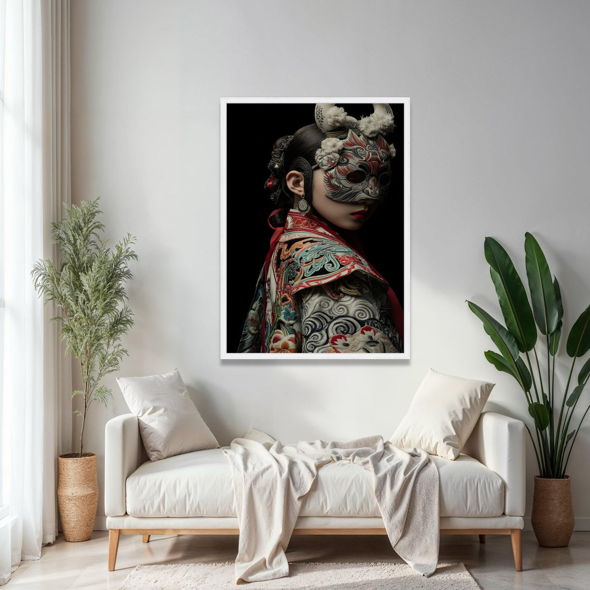 Intricate Traditional Mask Portrait, Asian Cultural Canvas Wall Art, Embroidered Costume Detail, Dramatic Dark Gift Art, Home Decor, Print