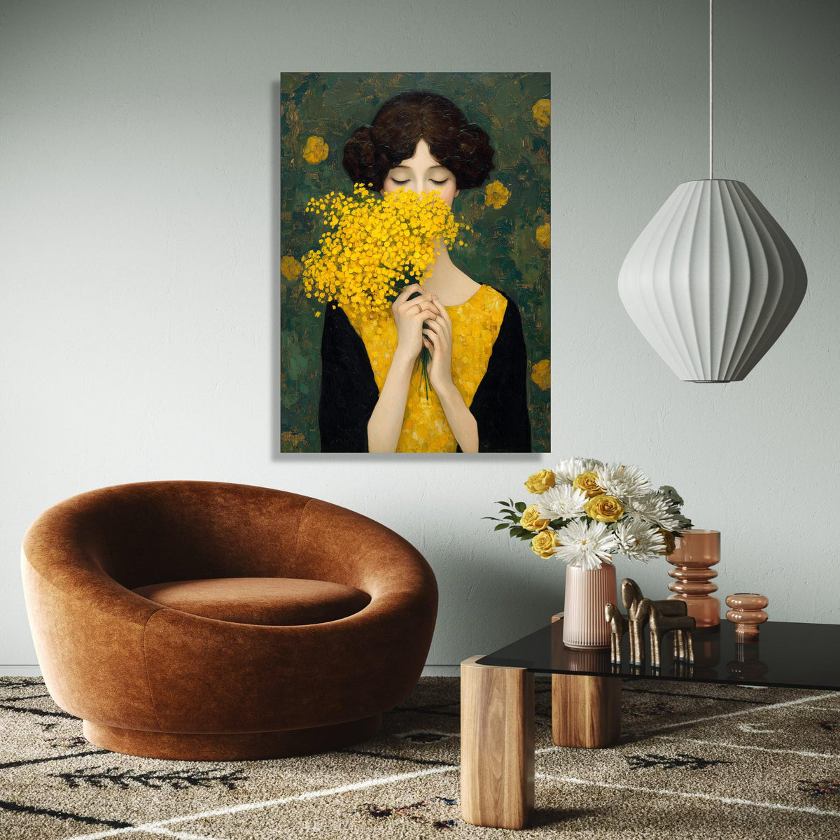 Woman with Yellow Flowers Canvas, Elegant Portrait Wall Art, Floral Bouquet Painting, Modern Classic Canvas, Gift Art, Home Decor, Print