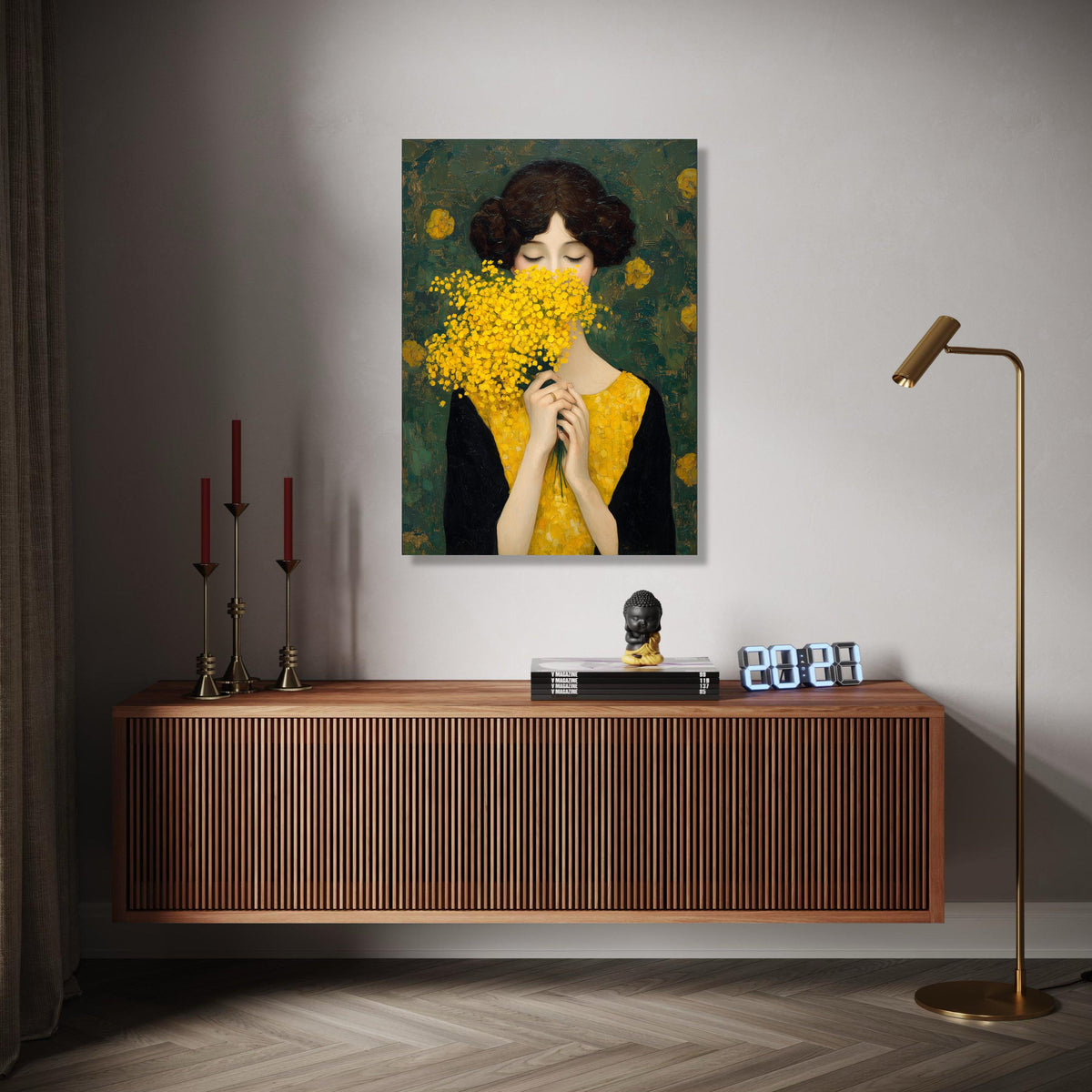 Woman with Yellow Flowers Canvas, Elegant Portrait Wall Art, Floral Bouquet Painting, Modern Classic Canvas, Gift Art, Home Decor, Print