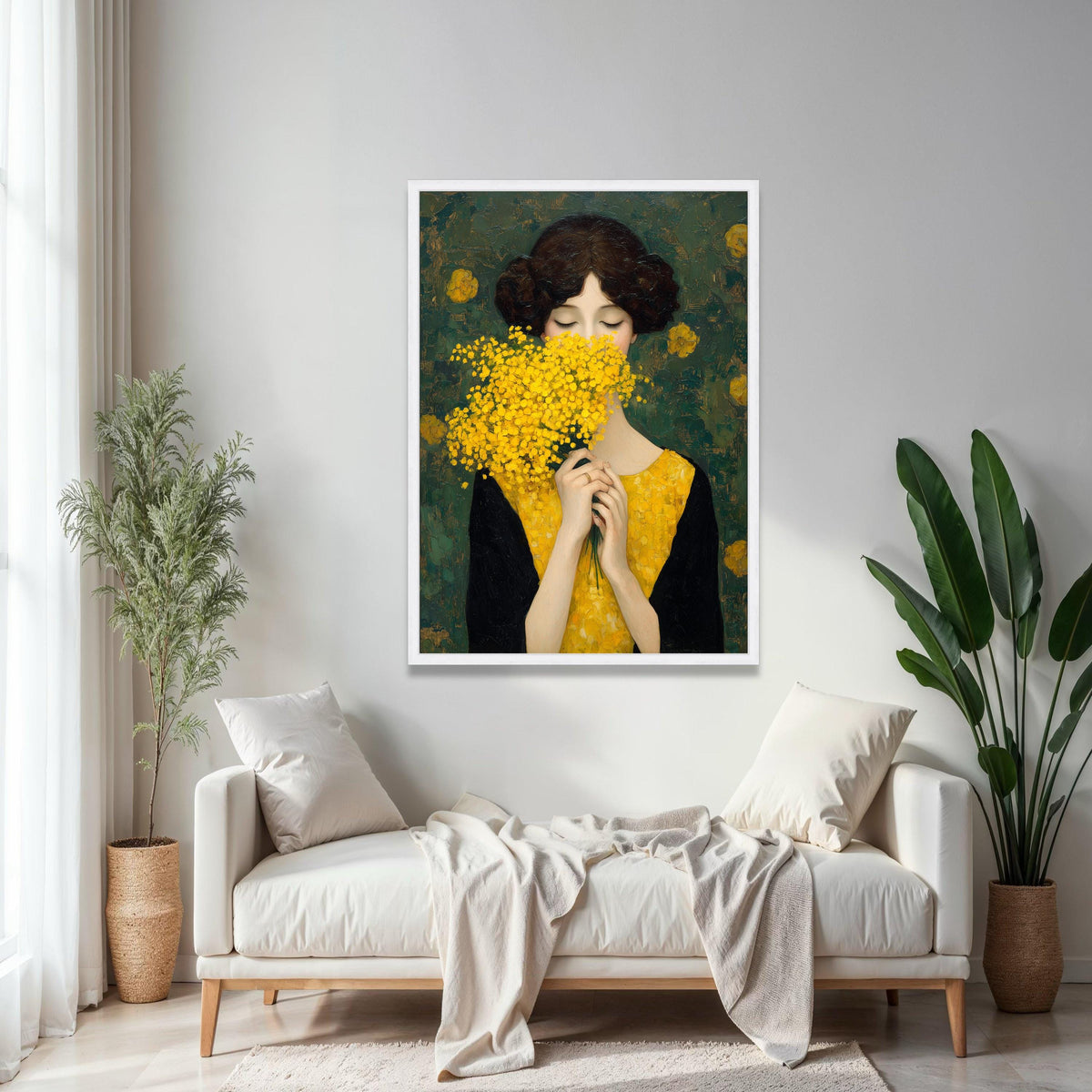 Woman with Yellow Flowers Canvas, Elegant Portrait Wall Art, Floral Bouquet Painting, Modern Classic Canvas, Gift Art, Home Decor, Print