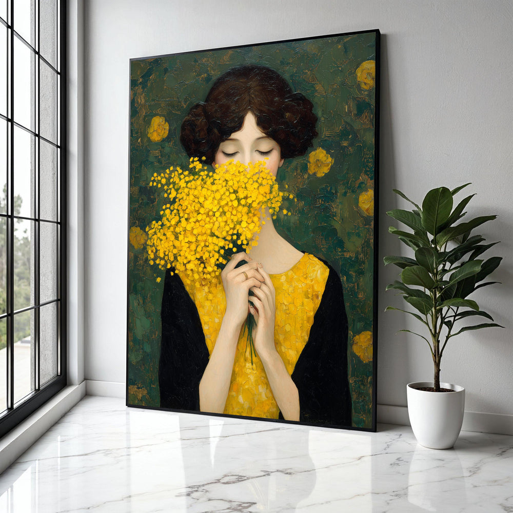 Woman with Yellow Flowers Canvas, Elegant Portrait Wall Art, Floral Bouquet Painting, Modern Classic Canvas, Gift Art, Home Decor, Print