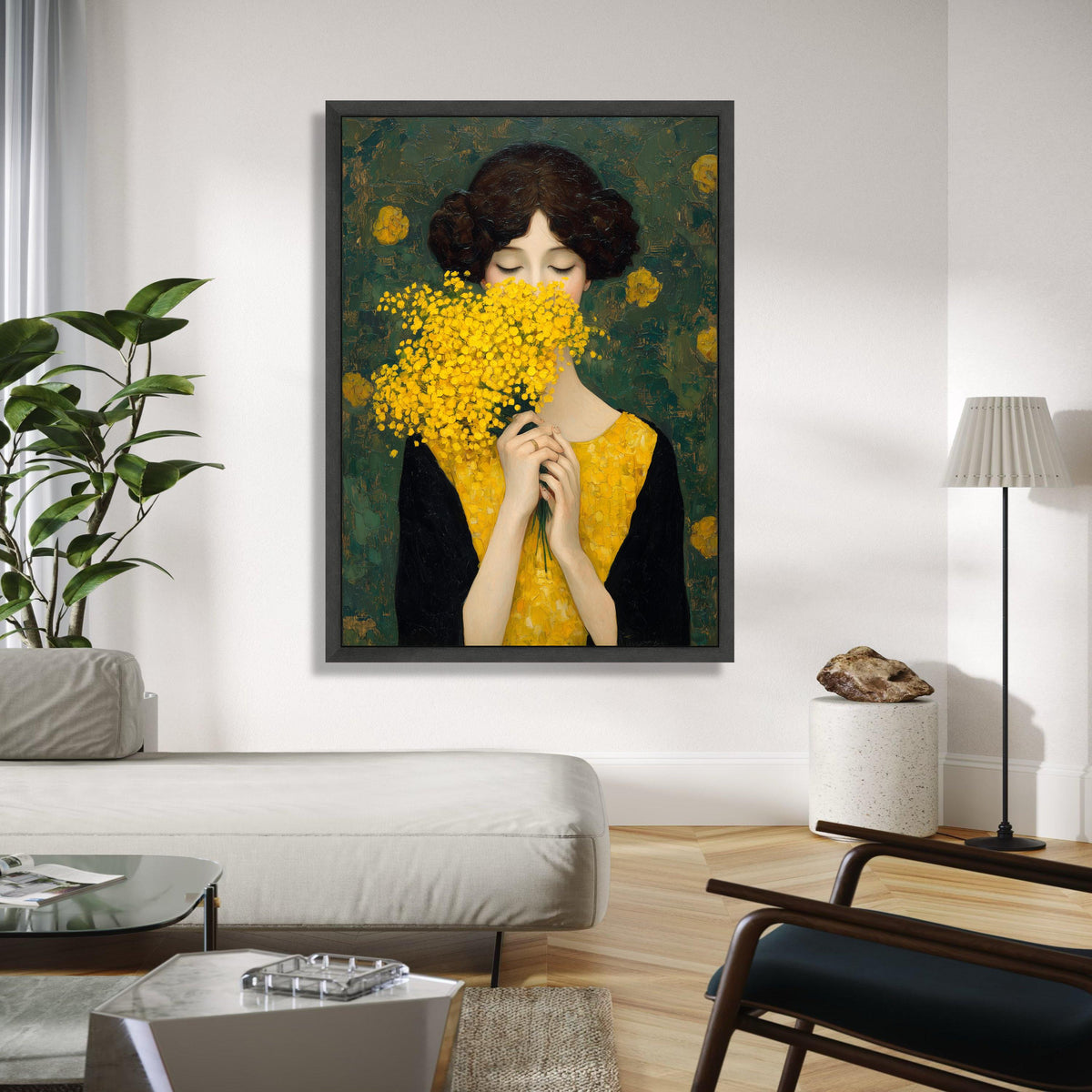 Woman with Yellow Flowers Canvas, Elegant Portrait Wall Art, Floral Bouquet Painting, Modern Classic Canvas, Gift Art, Home Decor, Print