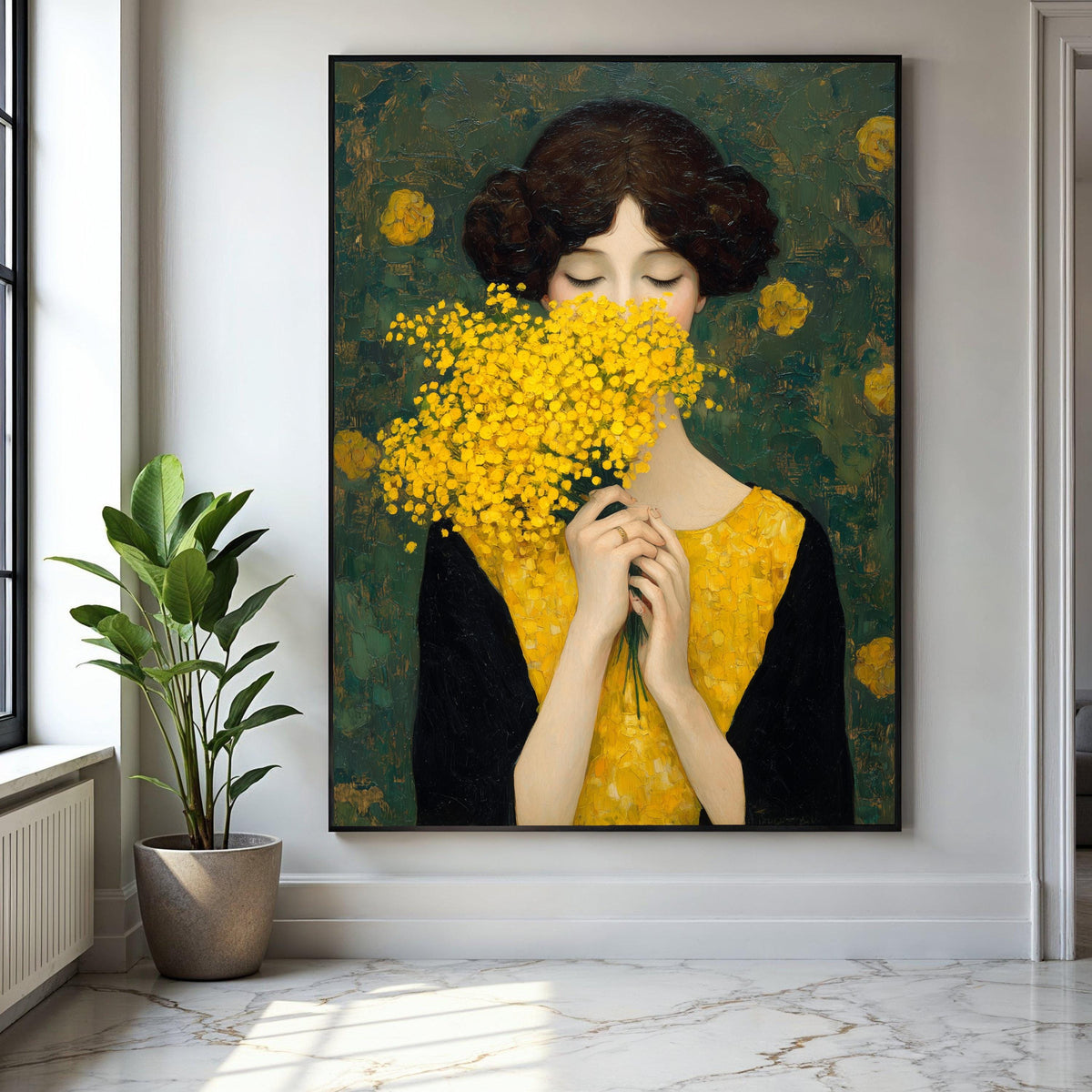 Woman with Yellow Flowers Canvas, Elegant Portrait Wall Art, Floral Bouquet Painting, Modern Classic Canvas, Gift Art, Home Decor, Print