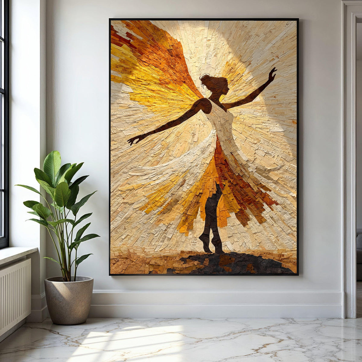 Radiant Angel Silhouette Canvas Wall Art, Abstract Spiritual Figure, Inspirational Home Decor, Golden Yellow Gift Art, Home Decor, Print