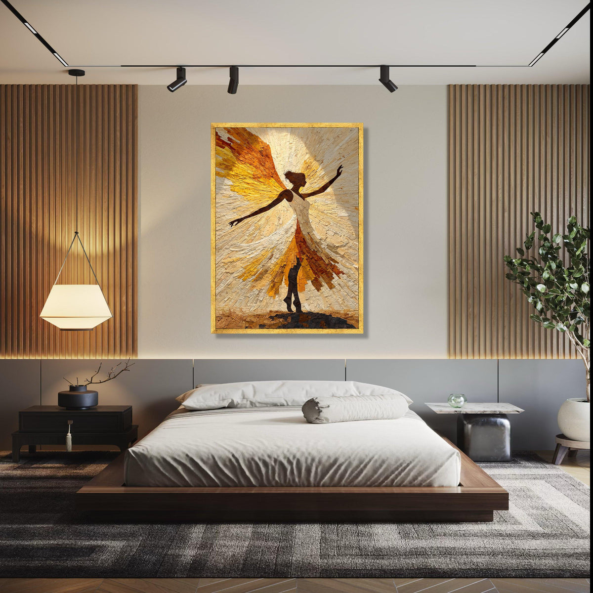 Radiant Angel Silhouette Canvas Wall Art, Abstract Spiritual Figure, Inspirational Home Decor, Golden Yellow Gift Art, Home Decor, Print