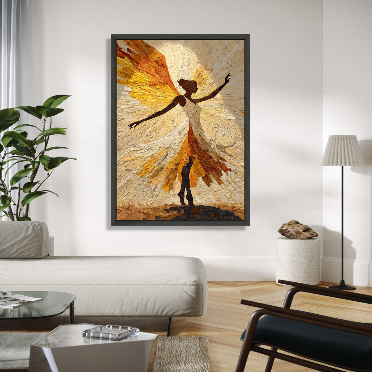 Radiant Angel Silhouette Canvas Wall Art, Abstract Spiritual Figure, Inspirational Home Decor, Golden Yellow Gift Art, Home Decor, Print