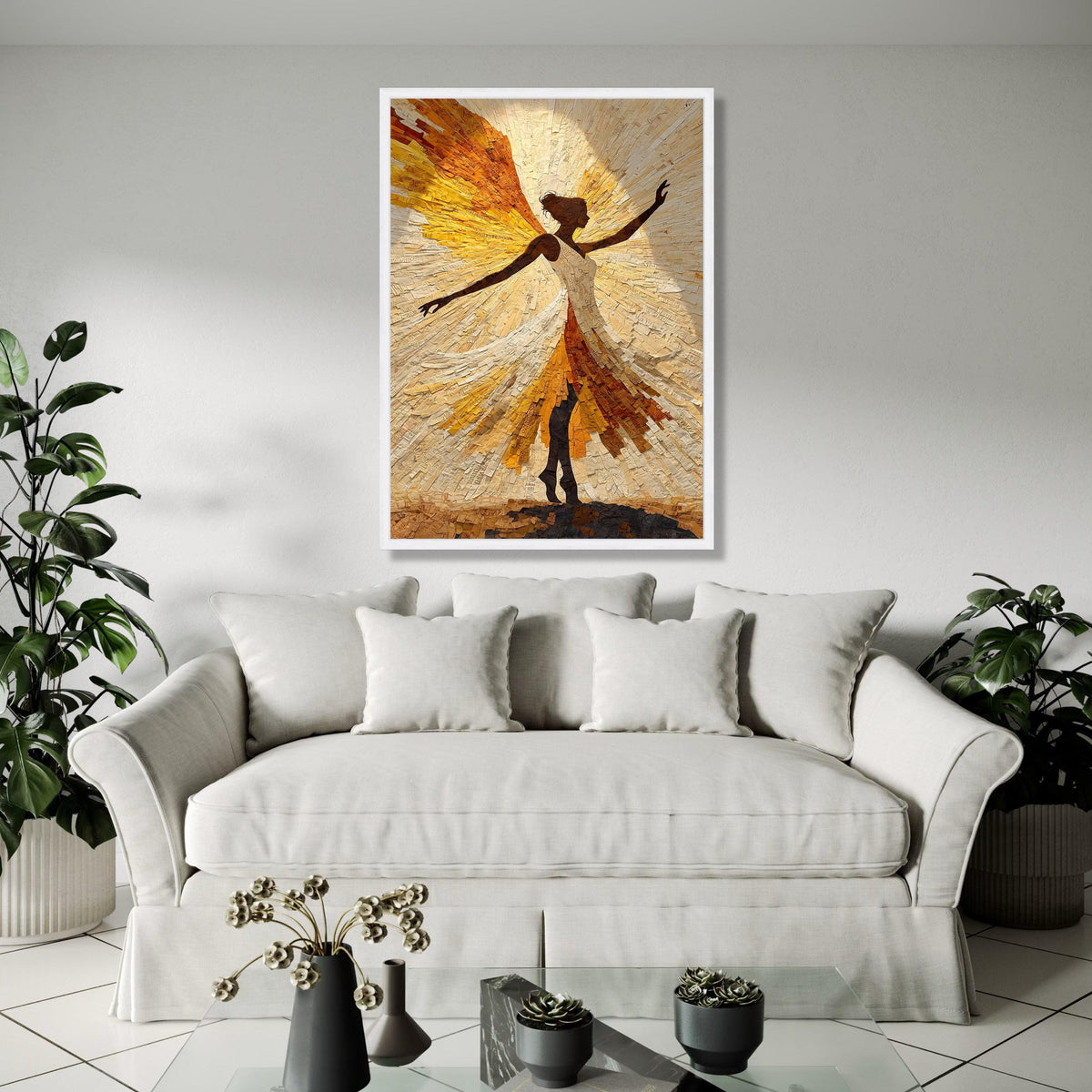 Radiant Angel Silhouette Canvas Wall Art, Abstract Spiritual Figure, Inspirational Home Decor, Golden Yellow Gift Art, Home Decor, Print