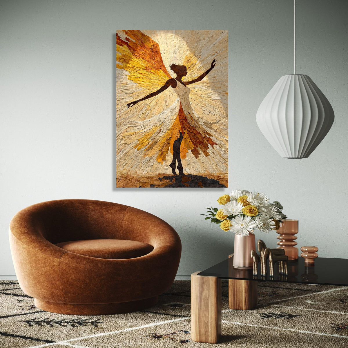 Radiant Angel Silhouette Canvas Wall Art, Abstract Spiritual Figure, Inspirational Home Decor, Golden Yellow Gift Art, Home Decor, Print