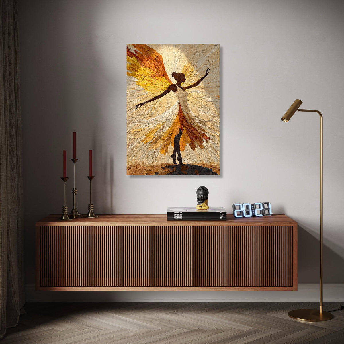 Radiant Angel Silhouette Canvas Wall Art, Abstract Spiritual Figure, Inspirational Home Decor, Golden Yellow Gift Art, Home Decor, Print