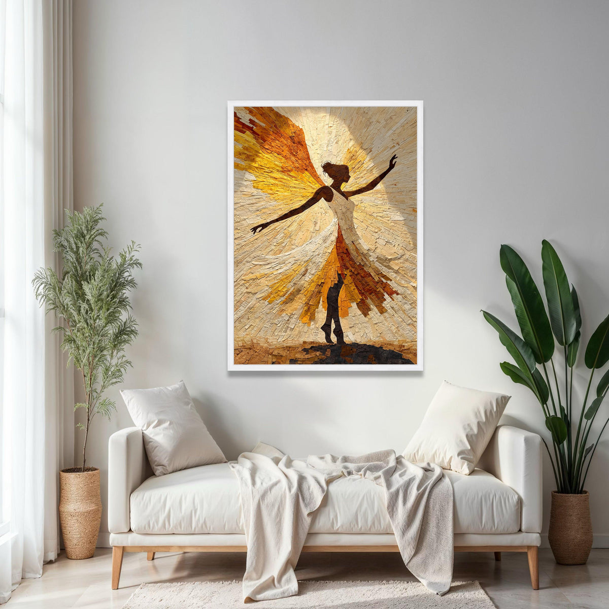 Radiant Angel Silhouette Canvas Wall Art, Abstract Spiritual Figure, Inspirational Home Decor, Golden Yellow Gift Art, Home Decor, Print