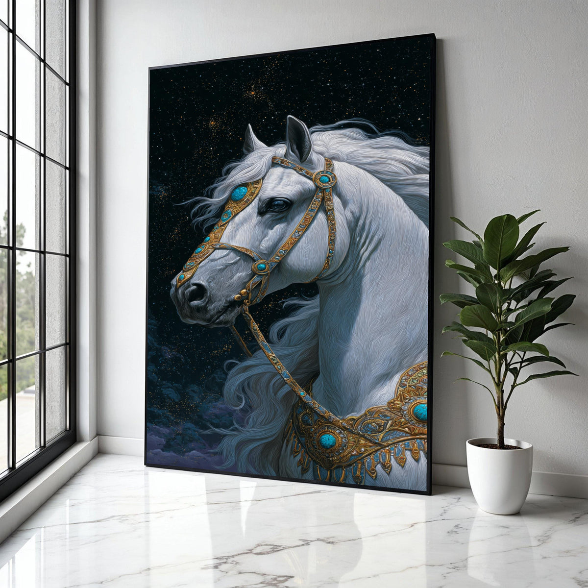 Majestic White Horse Canvas Wall Art, Fantasy Animal Portrait, Ornate Gold and Turquoise Bridle, Mystical Night Gift Art, Home Decor, Print