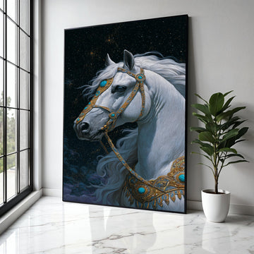 Majestic White Horse Canvas Wall Art, Fantasy Animal Portrait, Ornate Gold and Turquoise Bridle, Mystical Night Gift Art, Home Decor, Print