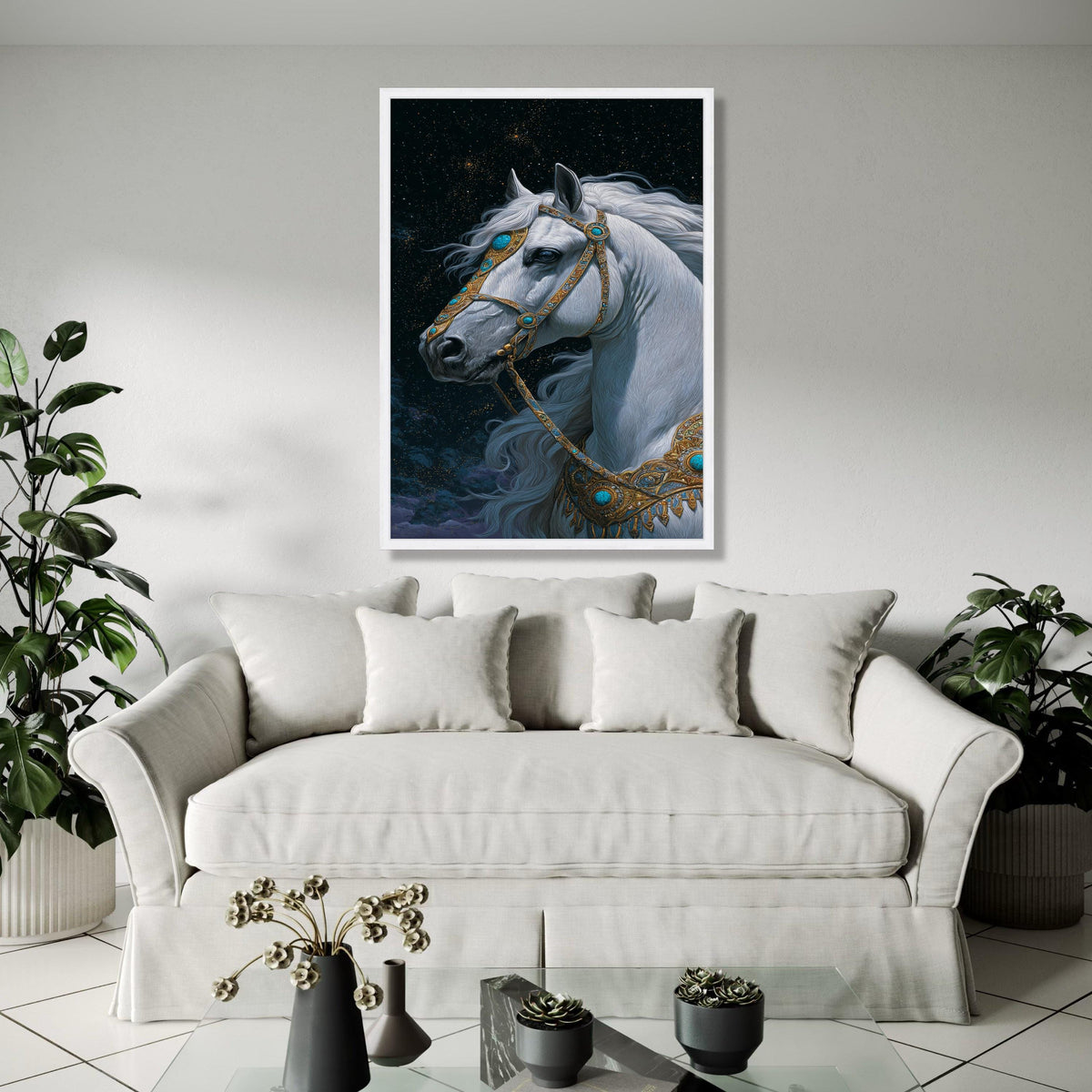Majestic White Horse Canvas Wall Art, Fantasy Animal Portrait, Ornate Gold and Turquoise Bridle, Mystical Night Gift Art, Home Decor, Print