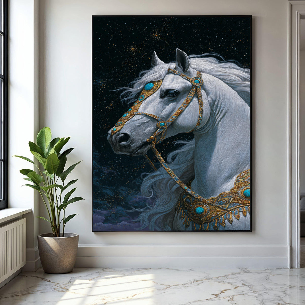 Majestic White Horse Canvas Wall Art, Fantasy Animal Portrait, Ornate Gold and Turquoise Bridle, Mystical Night Gift Art, Home Decor, Print