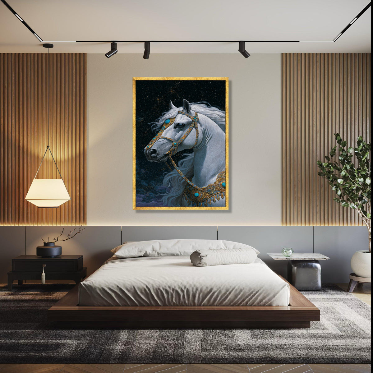 Majestic White Horse Canvas Wall Art, Fantasy Animal Portrait, Ornate Gold and Turquoise Bridle, Mystical Night Gift Art, Home Decor, Print