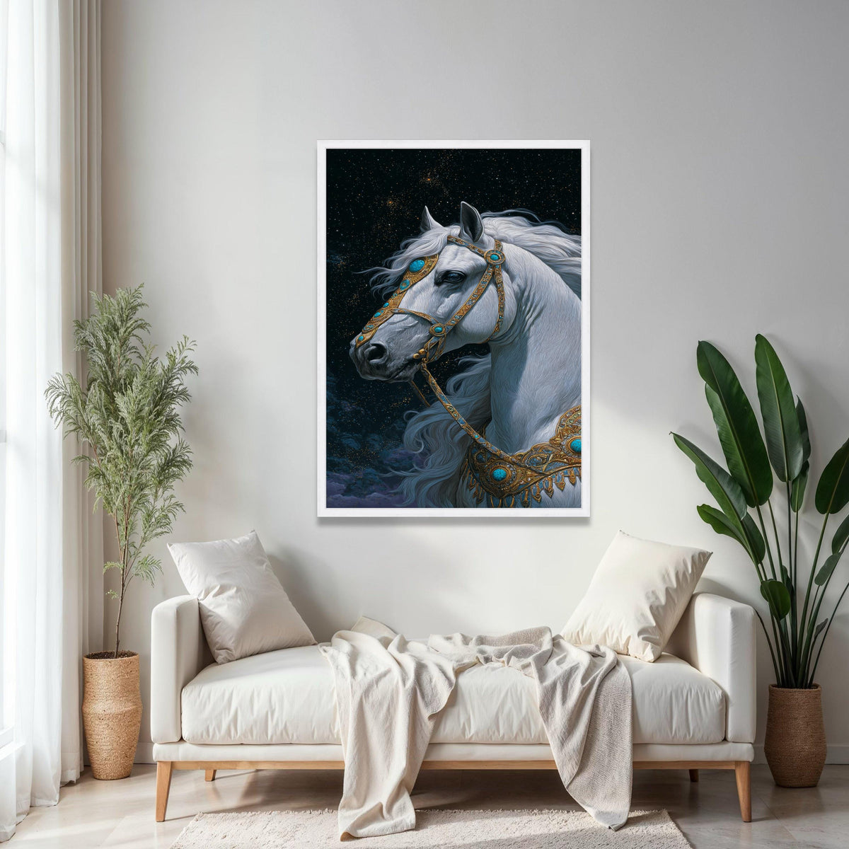 Majestic White Horse Canvas Wall Art, Fantasy Animal Portrait, Ornate Gold and Turquoise Bridle, Mystical Night Gift Art, Home Decor, Print