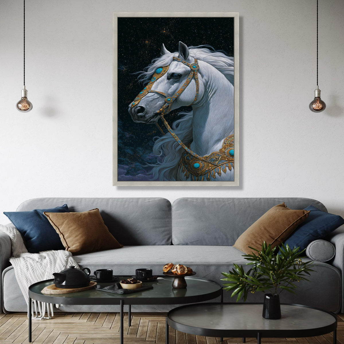 Majestic White Horse Canvas Wall Art, Fantasy Animal Portrait, Ornate Gold and Turquoise Bridle, Mystical Night Gift Art, Home Decor, Print